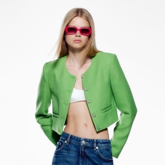 ZARA | CROPPED LIME GREEN TWEED BLAZER JACKET RHINESTONE BUTTON SIZE SMALL - Picture 3 of 11